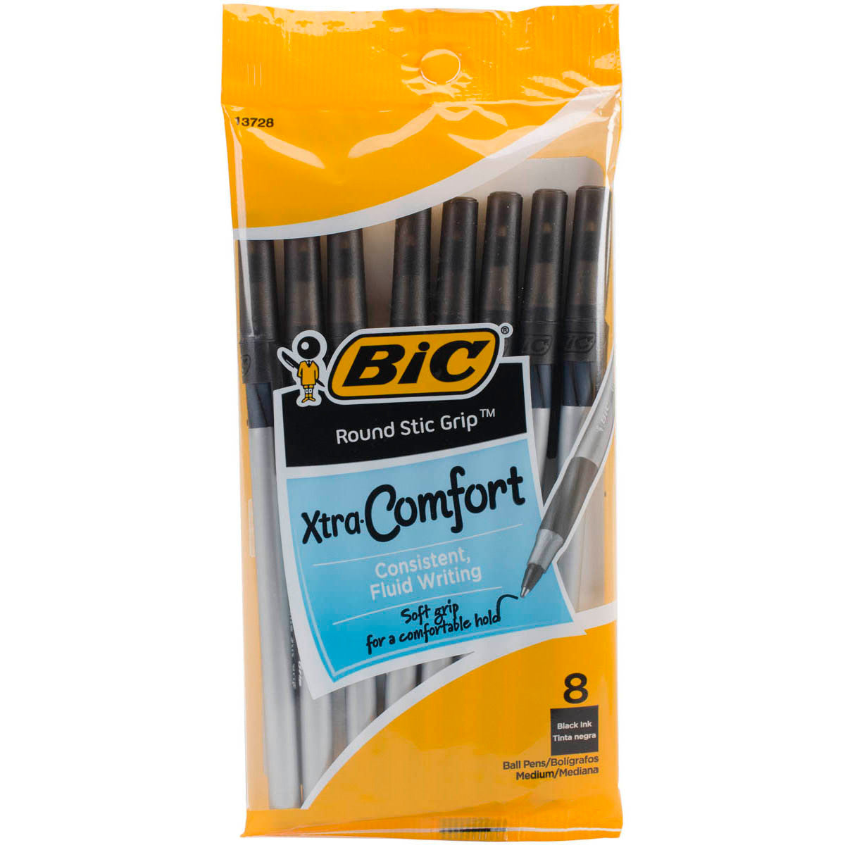 Bic Ultra Round Stic Grip Xtra Comfort Ballpoint Pen,(1.2mm), Black, 8 Ea